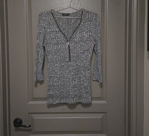 Gray Ribbed V-Neck Sweater